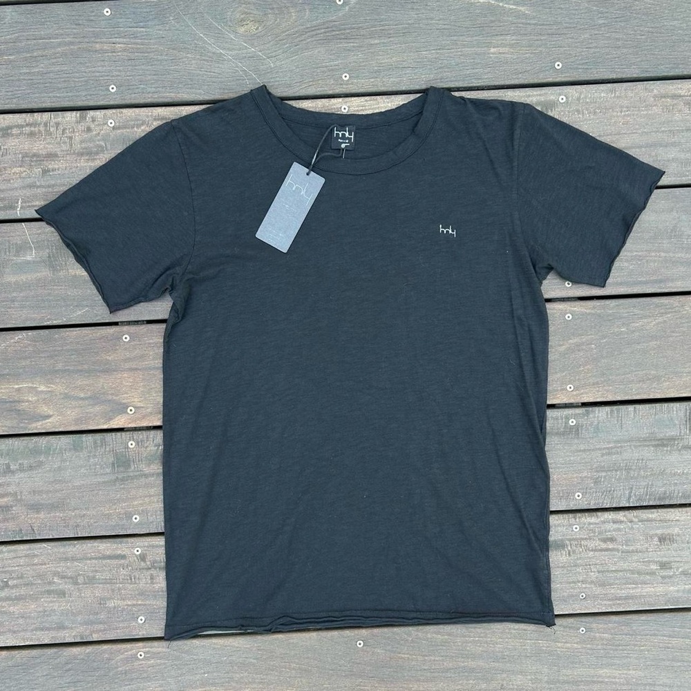 NWT HNLY Henley Black T-Shirt w/ Small Embroidered Logo Spellout and Raw Hemming